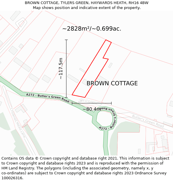 BROWN COTTAGE, TYLERS GREEN, HAYWARDS HEATH, RH16 4BW: Plot and title map