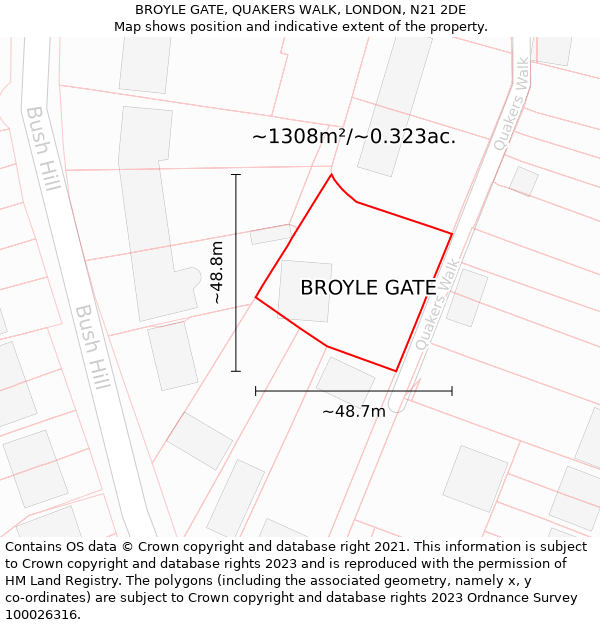 BROYLE GATE, QUAKERS WALK, LONDON, N21 2DE: Plot and title map