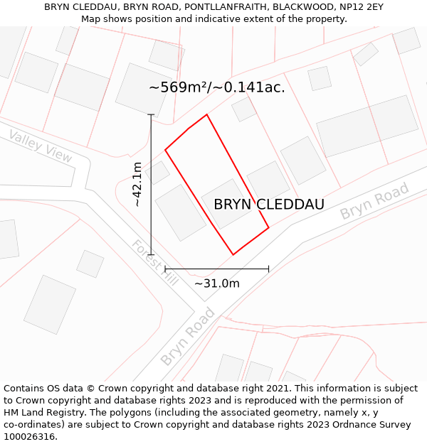 BRYN CLEDDAU, BRYN ROAD, PONTLLANFRAITH, BLACKWOOD, NP12 2EY: Plot and title map