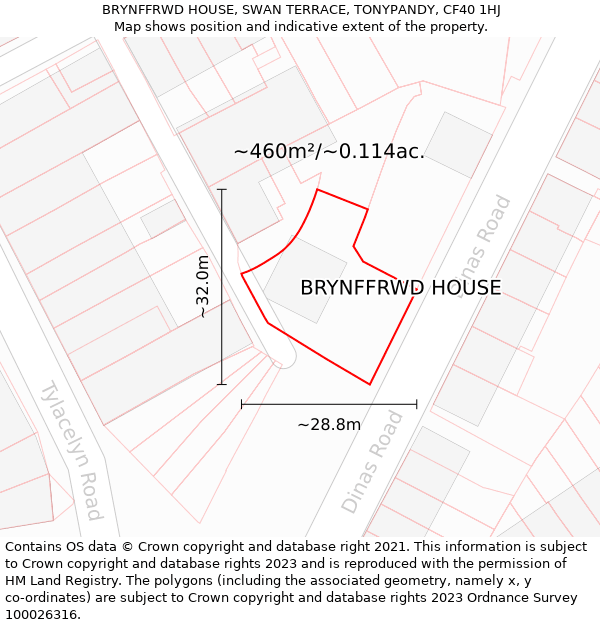 BRYNFFRWD HOUSE, SWAN TERRACE, TONYPANDY, CF40 1HJ: Plot and title map