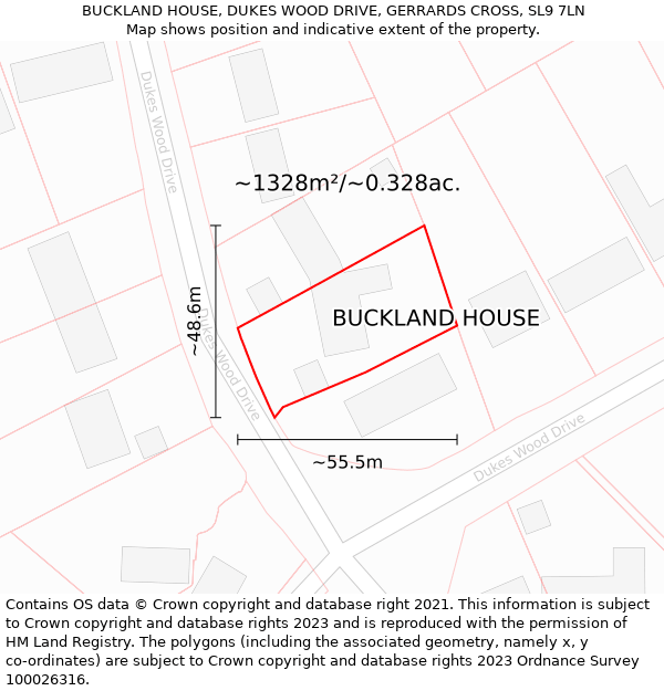 BUCKLAND HOUSE, DUKES WOOD DRIVE, GERRARDS CROSS, SL9 7LN: Plot and title map