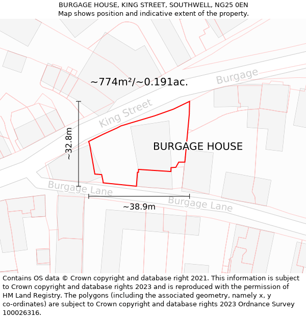 BURGAGE HOUSE, KING STREET, SOUTHWELL, NG25 0EN: Plot and title map