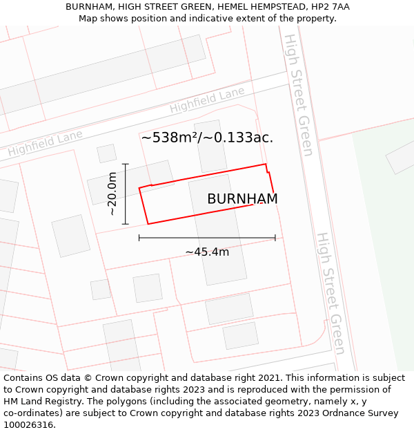 BURNHAM, HIGH STREET GREEN, HEMEL HEMPSTEAD, HP2 7AA: Plot and title map