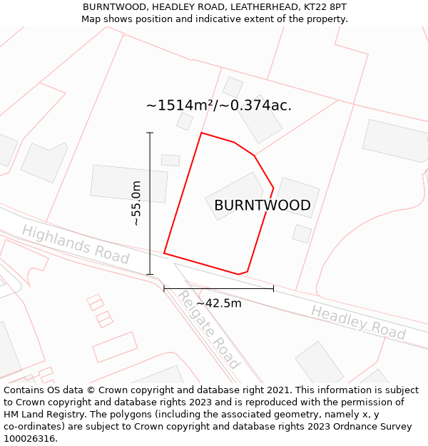 BURNTWOOD, HEADLEY ROAD, LEATHERHEAD, KT22 8PT: Plot and title map