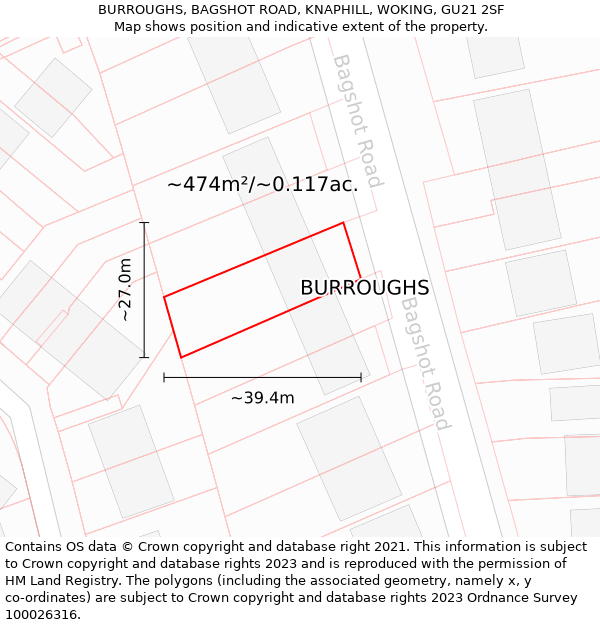 BURROUGHS, BAGSHOT ROAD, KNAPHILL, WOKING, GU21 2SF: Plot and title map