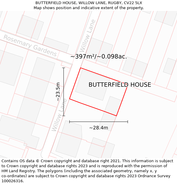 BUTTERFIELD HOUSE, WILLOW LANE, RUGBY, CV22 5LX: Plot and title map