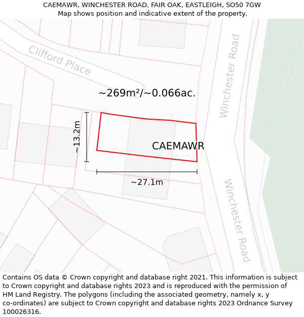 CAEMAWR, WINCHESTER ROAD, FAIR OAK, EASTLEIGH, SO50 7GW: Plot and title map