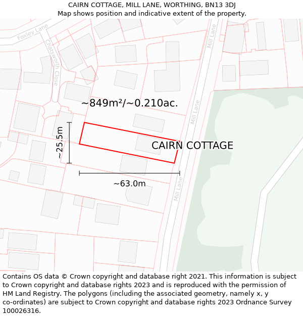 CAIRN COTTAGE, MILL LANE, WORTHING, BN13 3DJ: Plot and title map