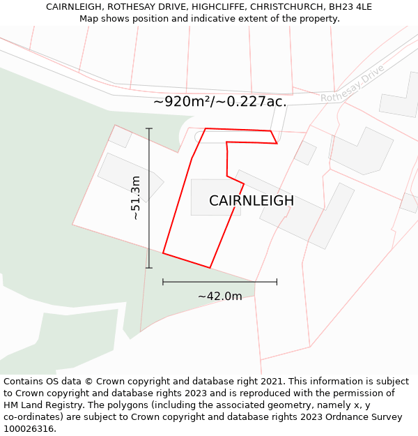 CAIRNLEIGH, ROTHESAY DRIVE, HIGHCLIFFE, CHRISTCHURCH, BH23 4LE: Plot and title map