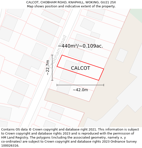 CALCOT, CHOBHAM ROAD, KNAPHILL, WOKING, GU21 2SX: Plot and title map