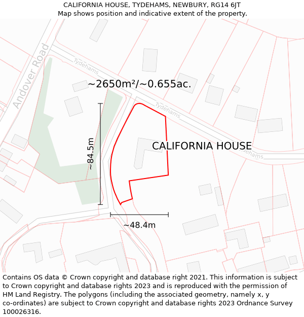 CALIFORNIA HOUSE, TYDEHAMS, NEWBURY, RG14 6JT: Plot and title map
