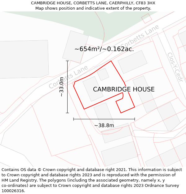 CAMBRIDGE HOUSE, CORBETTS LANE, CAERPHILLY, CF83 3HX: Plot and title map