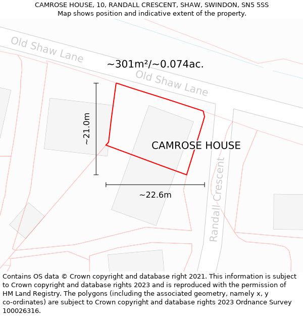 CAMROSE HOUSE, 10, RANDALL CRESCENT, SHAW, SWINDON, SN5 5SS: Plot and title map