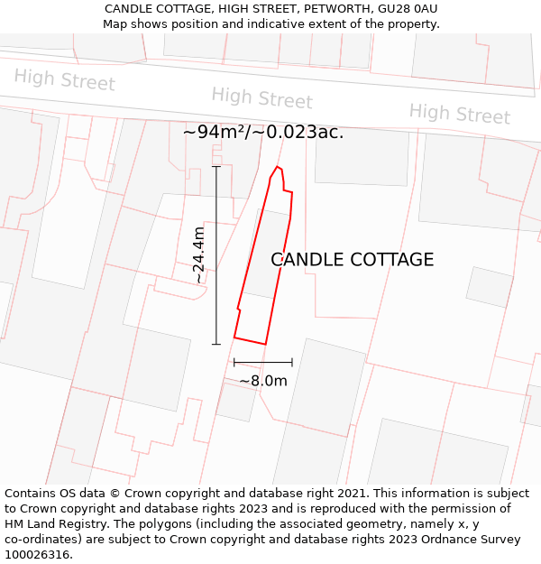 CANDLE COTTAGE, HIGH STREET, PETWORTH, GU28 0AU: Plot and title map