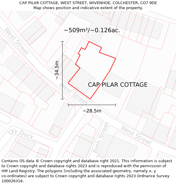 CAP PILAR COTTAGE, WEST STREET, WIVENHOE, COLCHESTER, CO7 9DE: Plot and title map