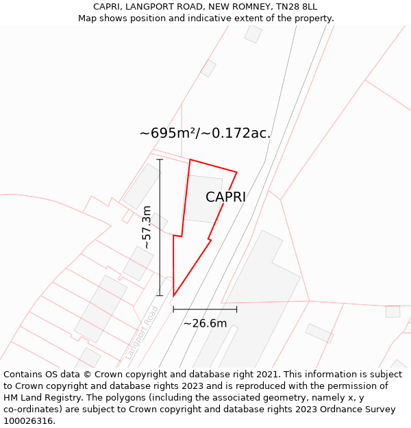 CAPRI, LANGPORT ROAD, NEW ROMNEY, TN28 8LL: Plot and title map