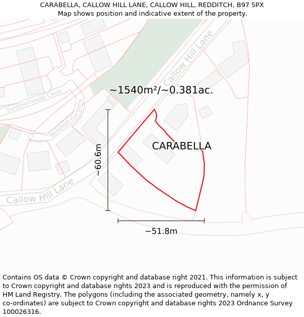 CARABELLA, CALLOW HILL LANE, CALLOW HILL, REDDITCH, B97 5PX: Plot and title map