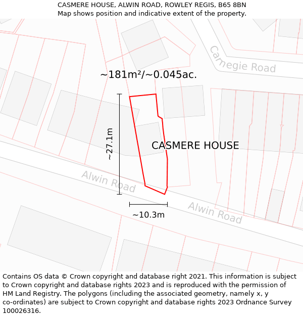 CASMERE HOUSE, ALWIN ROAD, ROWLEY REGIS, B65 8BN: Plot and title map