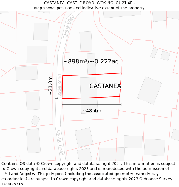 CASTANEA, CASTLE ROAD, WOKING, GU21 4EU: Plot and title map