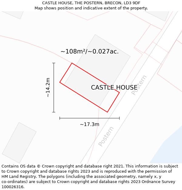 CASTLE HOUSE, THE POSTERN, BRECON, LD3 9DF: Plot and title map