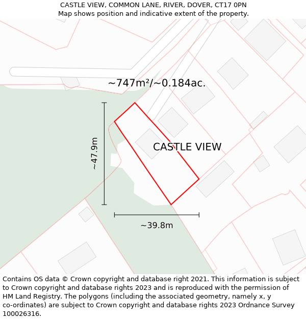 CASTLE VIEW, COMMON LANE, RIVER, DOVER, CT17 0PN: Plot and title map