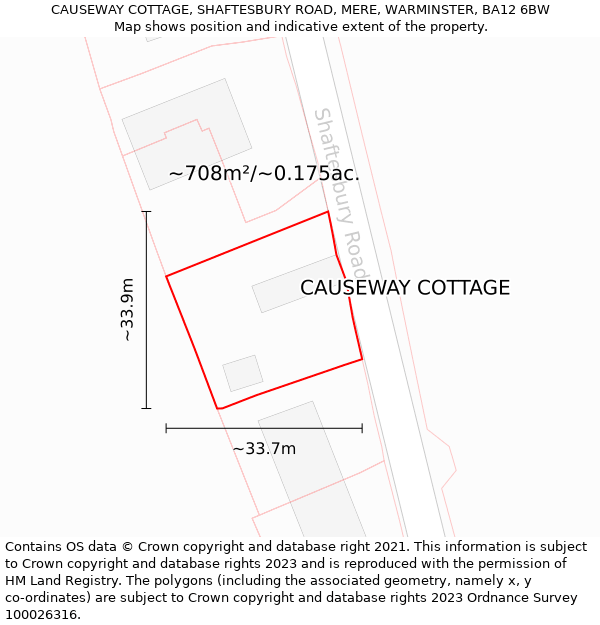 CAUSEWAY COTTAGE, SHAFTESBURY ROAD, MERE, WARMINSTER, BA12 6BW: Plot and title map