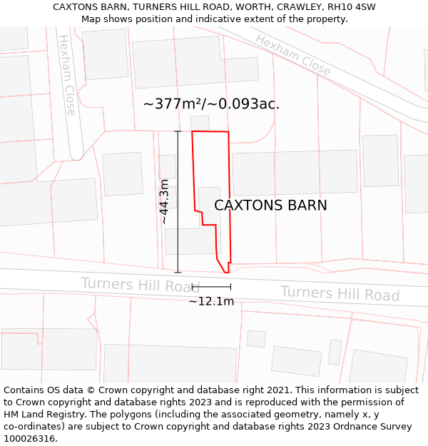 CAXTONS BARN, TURNERS HILL ROAD, WORTH, CRAWLEY, RH10 4SW: Plot and title map