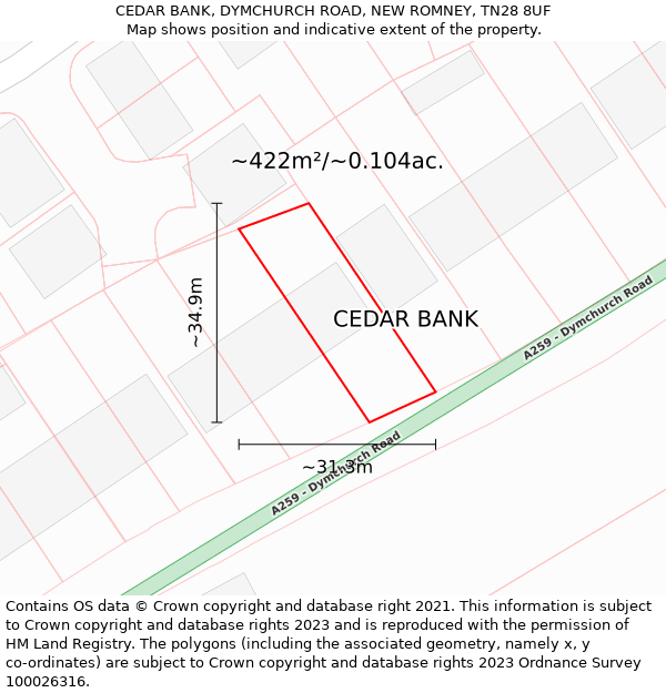 CEDAR BANK, DYMCHURCH ROAD, NEW ROMNEY, TN28 8UF: Plot and title map