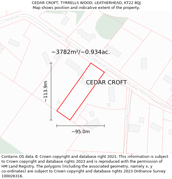 CEDAR CROFT, TYRRELLS WOOD, LEATHERHEAD, KT22 8QJ: Plot and title map