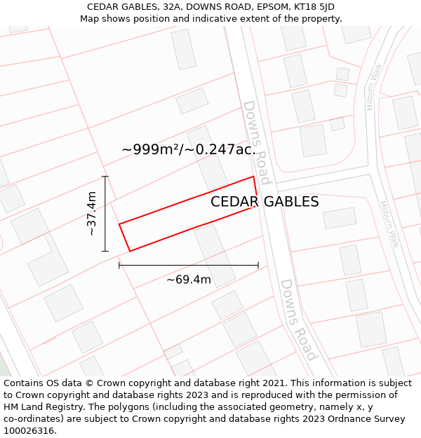 CEDAR GABLES, 32A, DOWNS ROAD, EPSOM, KT18 5JD: Plot and title map