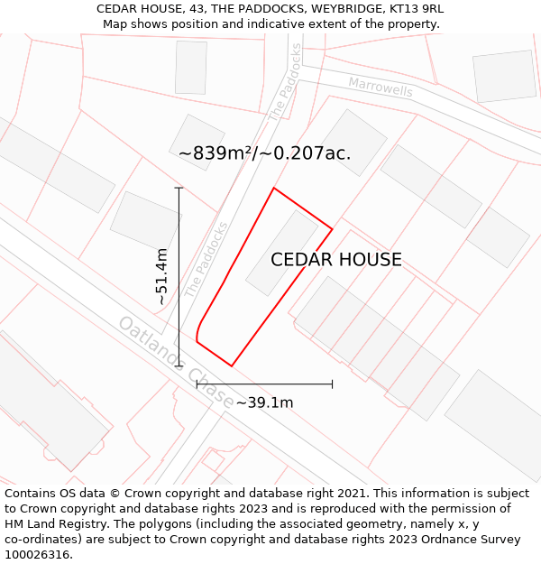 CEDAR HOUSE, 43, THE PADDOCKS, WEYBRIDGE, KT13 9RL: Plot and title map