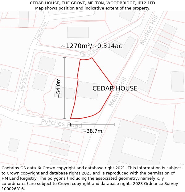 CEDAR HOUSE, THE GROVE, MELTON, WOODBRIDGE, IP12 1FD: Plot and title map