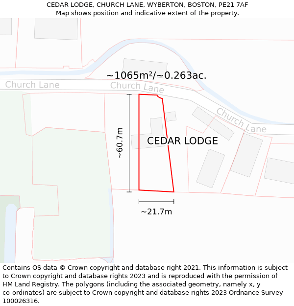 CEDAR LODGE, CHURCH LANE, WYBERTON, BOSTON, PE21 7AF: Plot and title map