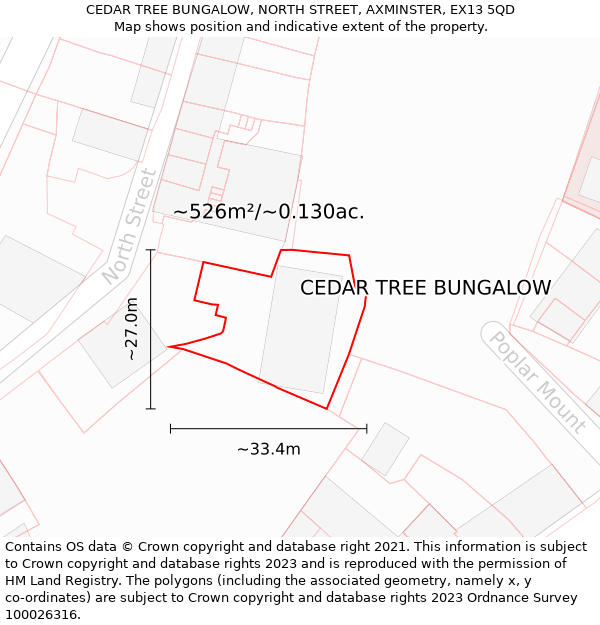 CEDAR TREE BUNGALOW, NORTH STREET, AXMINSTER, EX13 5QD: Plot and title map