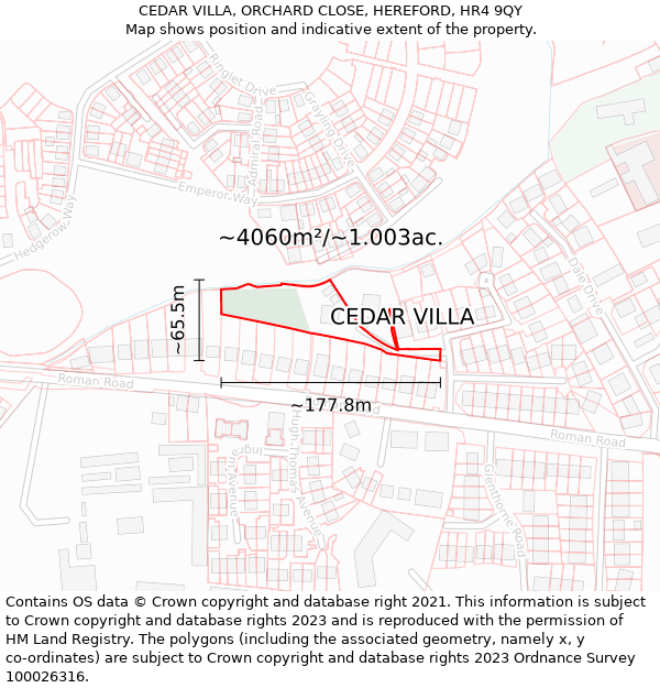 CEDAR VILLA, ORCHARD CLOSE, HEREFORD, HR4 9QY: Plot and title map