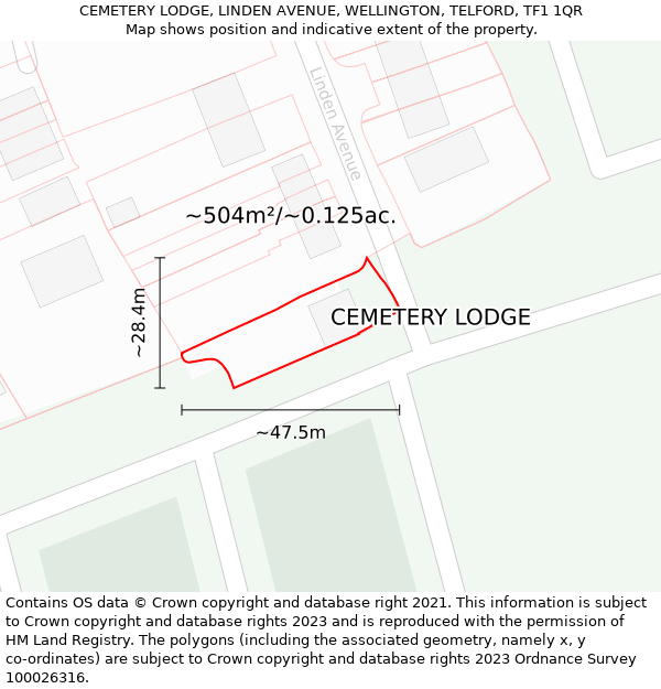 CEMETERY LODGE, LINDEN AVENUE, WELLINGTON, TELFORD, TF1 1QR: Plot and title map