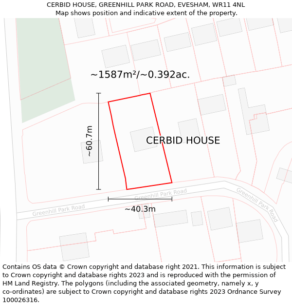 CERBID HOUSE, GREENHILL PARK ROAD, EVESHAM, WR11 4NL: Plot and title map