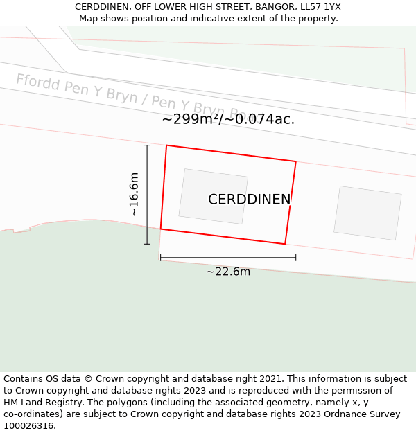 CERDDINEN, OFF LOWER HIGH STREET, BANGOR, LL57 1YX: Plot and title map