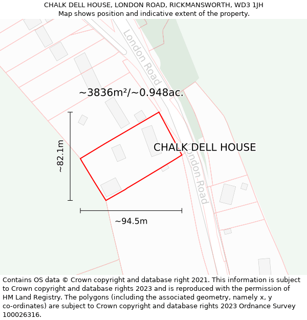 CHALK DELL HOUSE, LONDON ROAD, RICKMANSWORTH, WD3 1JH: Plot and title map