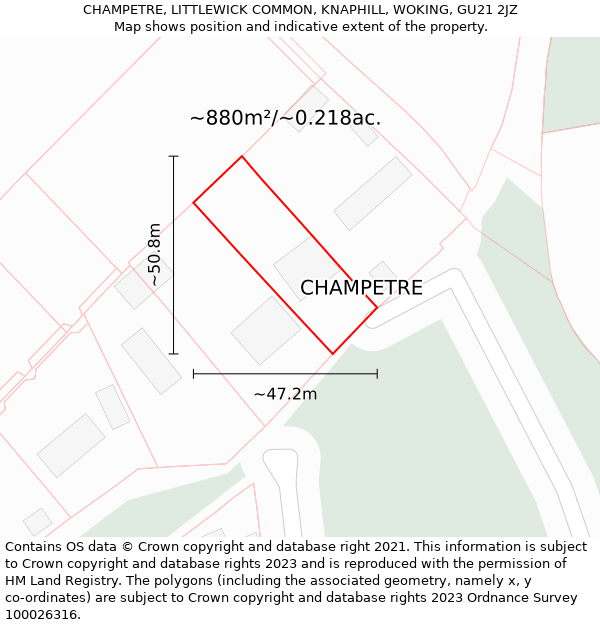 CHAMPETRE, LITTLEWICK COMMON, KNAPHILL, WOKING, GU21 2JZ: Plot and title map