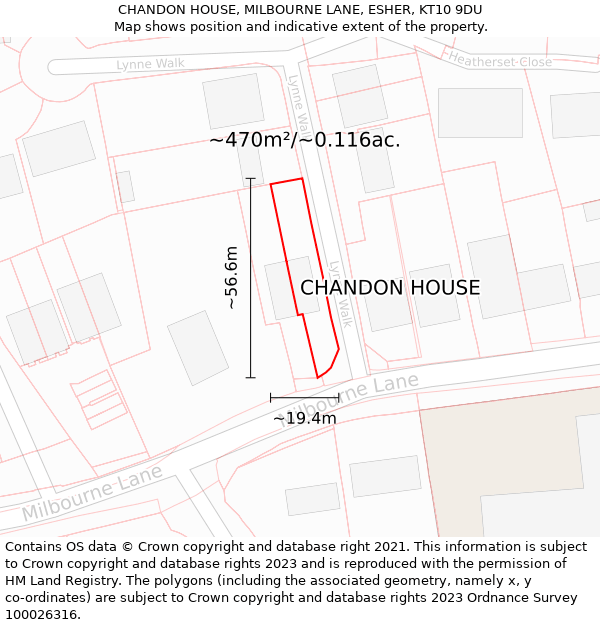 CHANDON HOUSE, MILBOURNE LANE, ESHER, KT10 9DU: Plot and title map