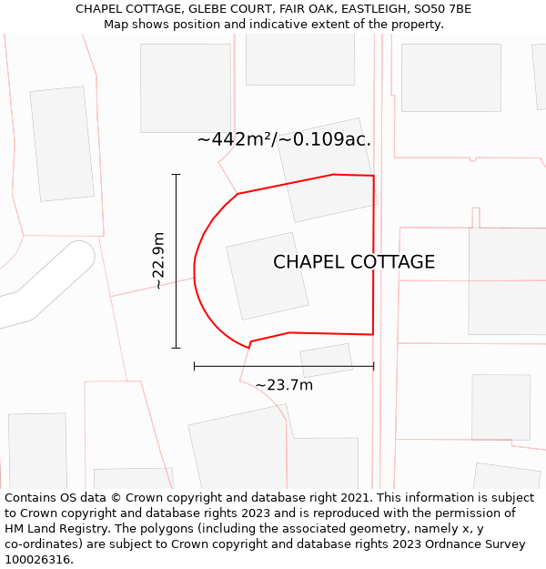 CHAPEL COTTAGE, GLEBE COURT, FAIR OAK, EASTLEIGH, SO50 7BE: Plot and title map