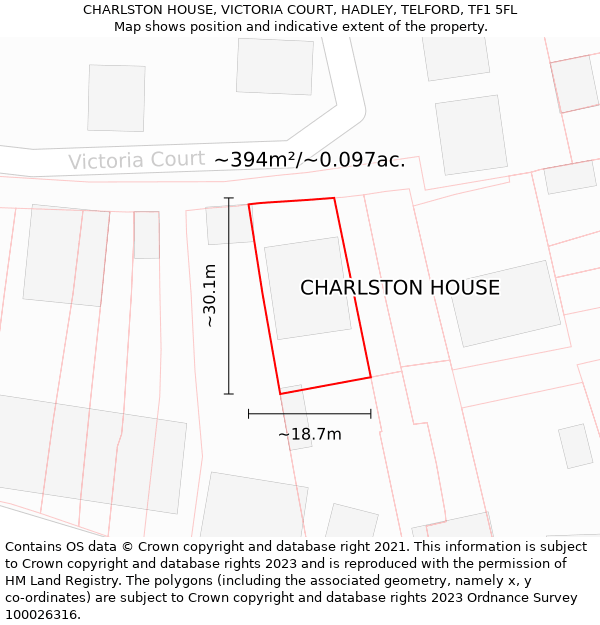 CHARLSTON HOUSE, VICTORIA COURT, HADLEY, TELFORD, TF1 5FL: Plot and title map
