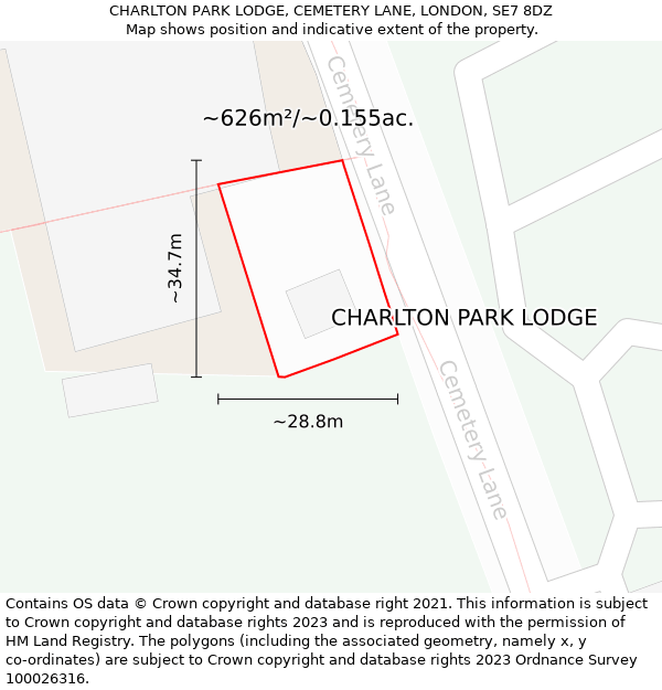 CHARLTON PARK LODGE, CEMETERY LANE, LONDON, SE7 8DZ: Plot and title map