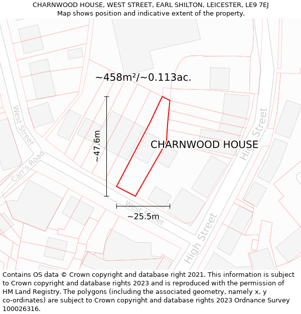 CHARNWOOD HOUSE, WEST STREET, EARL SHILTON, LEICESTER, LE9 7EJ: Plot and title map