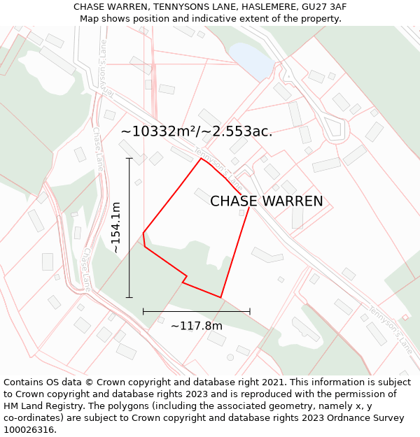 CHASE WARREN, TENNYSONS LANE, HASLEMERE, GU27 3AF: Plot and title map