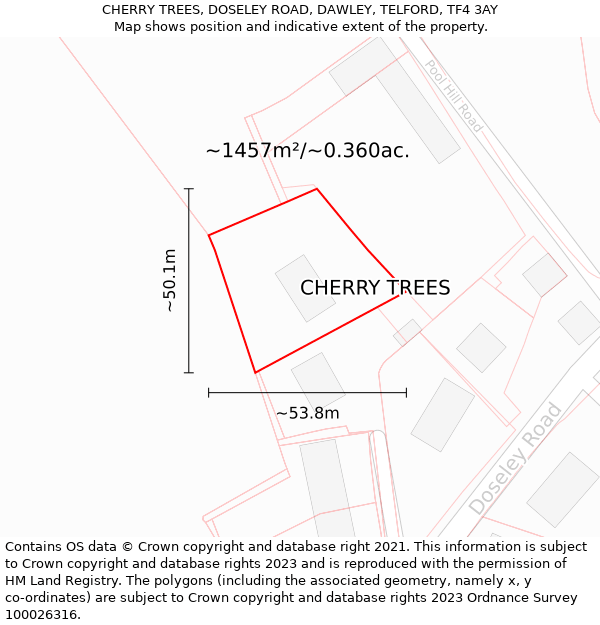 CHERRY TREES, DOSELEY ROAD, DAWLEY, TELFORD, TF4 3AY: Plot and title map