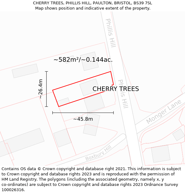 CHERRY TREES, PHILLIS HILL, PAULTON, BRISTOL, BS39 7SL: Plot and title map