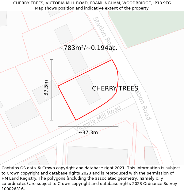CHERRY TREES, VICTORIA MILL ROAD, FRAMLINGHAM, WOODBRIDGE, IP13 9EG: Plot and title map