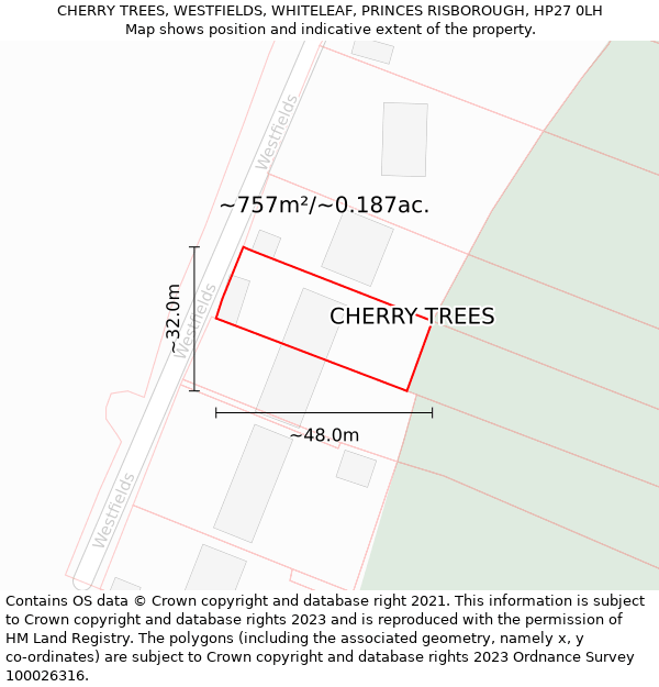 CHERRY TREES, WESTFIELDS, WHITELEAF, PRINCES RISBOROUGH, HP27 0LH: Plot and title map